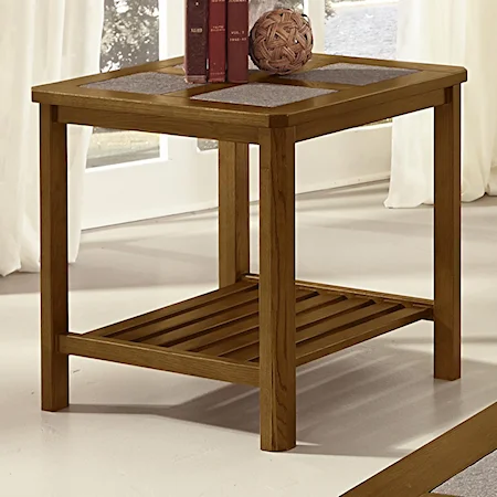 Square End Table w/ Tile Insert Top & Slat Shelf